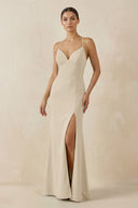 Spaghetti Strap Sheath Chiffon Bridesmaid Dress With Slit in Champagne - KissProm Bridesmaid Dresses