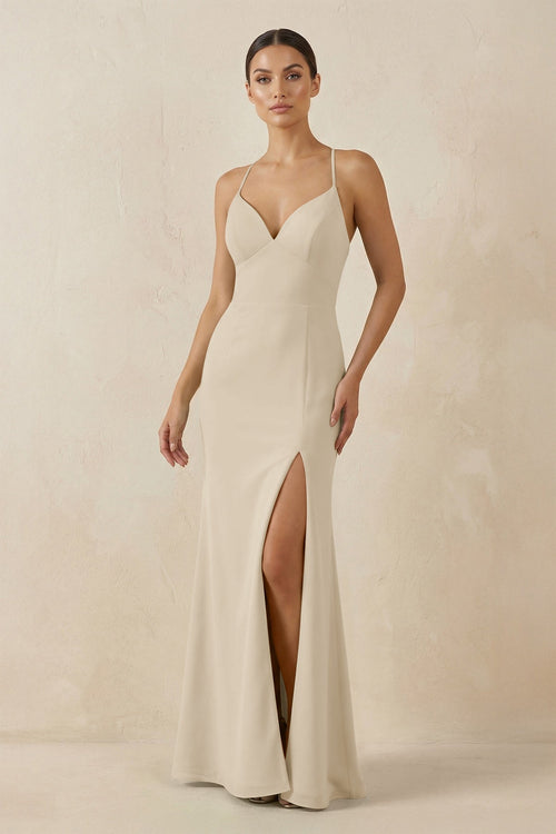 Spaghetti Strap Sheath Chiffon Bridesmaid Dress With Slit in Champagne - KissProm Bridesmaid Dresses