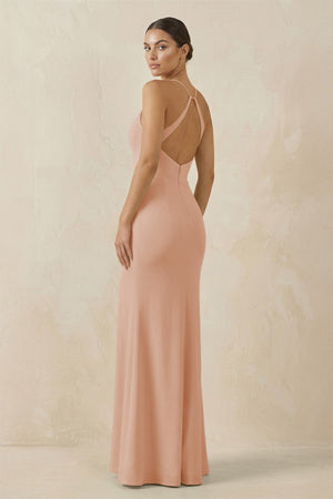 Spaghetti Strap Sheath Chiffon Bridesmaid Dress With Slit in Champagne Rose - KissProm Bridesmaid Dresses