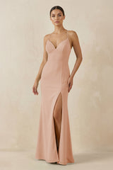 Spaghetti Strap Sheath Chiffon Bridesmaid Dress With Slit in Champagne Rose - KissProm Bridesmaid Dresses