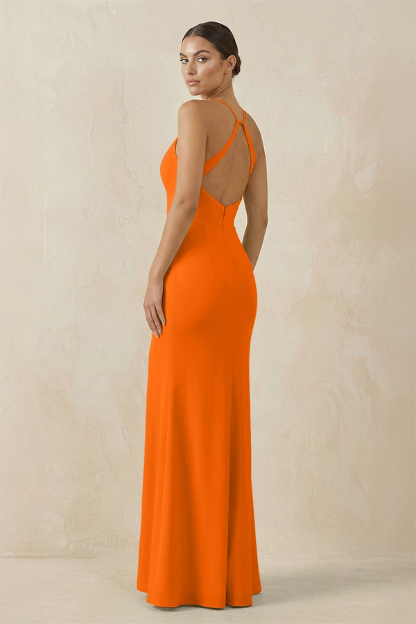 Spaghetti Strap Sheath Chiffon Bridesmaid Dress With Slit in Cinnamon - KissProm Bridesmaid Dresses