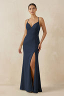 Spaghetti Strap Sheath Chiffon Bridesmaid Dress With Slit in Dark Navy - KissProm Bridesmaid Dresses