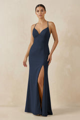 Spaghetti Strap Sheath Chiffon Bridesmaid Dress With Slit in Dark Navy - KissProm Bridesmaid Dresses
