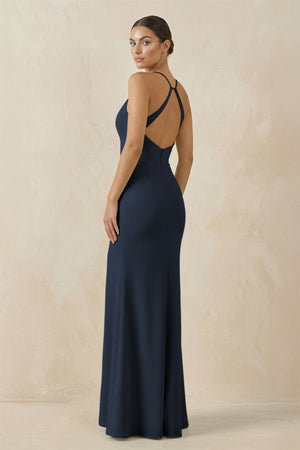 Spaghetti Strap Sheath Chiffon Bridesmaid Dress With Slit in Dark Navy - KissProm Bridesmaid Dresses