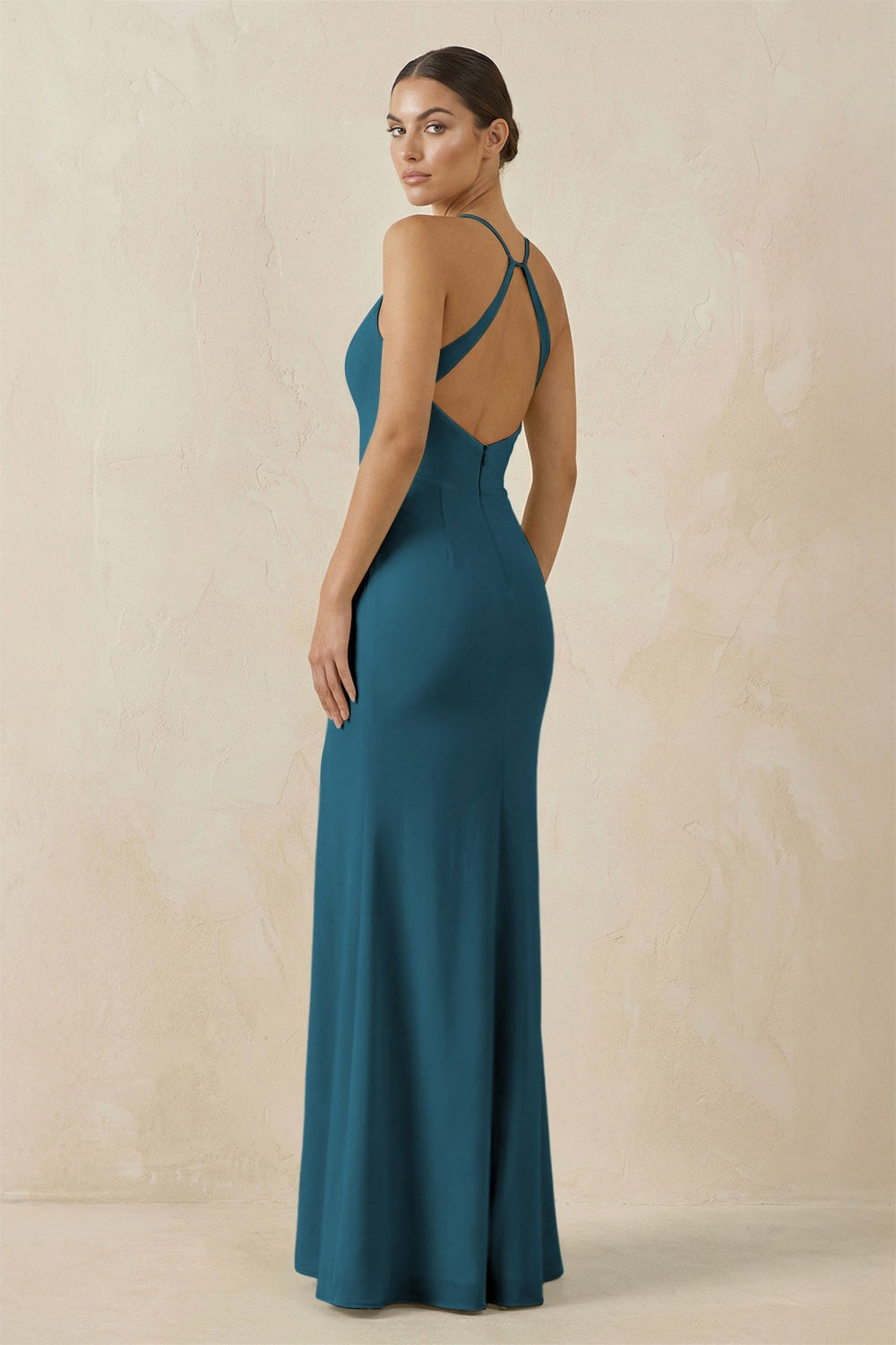 Spaghetti Strap Sheath Chiffon Bridesmaid Dress With Slit in Dark Teal - KissProm Bridesmaid Dresses