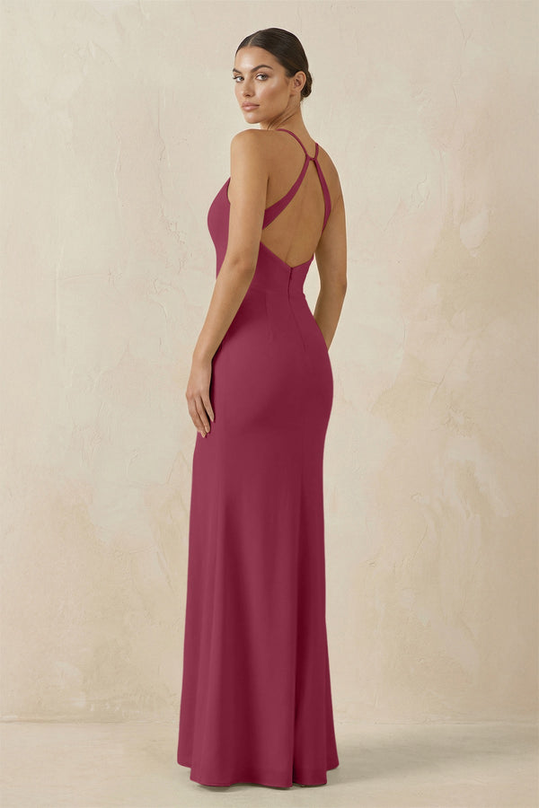 Spaghetti Strap Sheath Chiffon Bridesmaid Dress With Slit in Desert Rose - KissProm Bridesmaid Dresses
