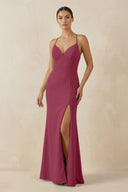 Spaghetti Strap Sheath Chiffon Bridesmaid Dress With Slit in Desert Rose - KissProm Bridesmaid Dresses