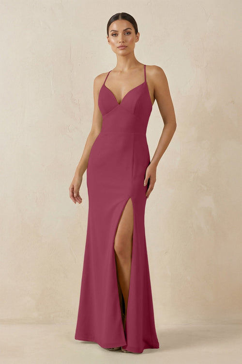 Spaghetti Strap Sheath Chiffon Bridesmaid Dress With Slit in Desert Rose - KissProm Bridesmaid Dresses