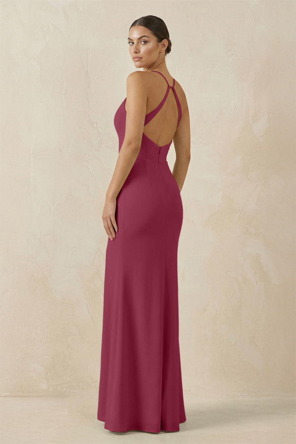 Spaghetti Strap Sheath Chiffon Bridesmaid Dress With Slit in Desert Rose - KissProm Bridesmaid Dresses
