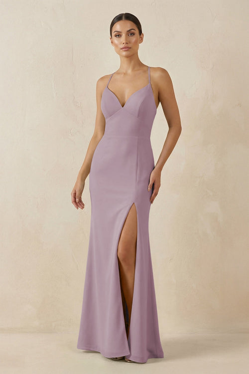 Spaghetti Strap Sheath Chiffon Bridesmaid Dress With Slit in Dusk - KissProm Bridesmaid Dresses