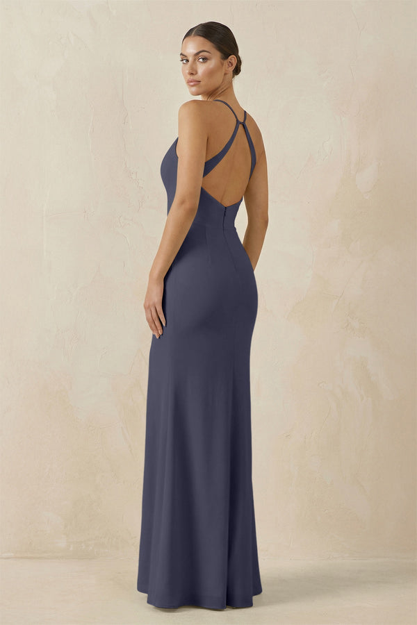 Spaghetti Strap Sheath Chiffon Bridesmaid Dress With Slit in Dusk Blue - KissProm Bridesmaid Dresses