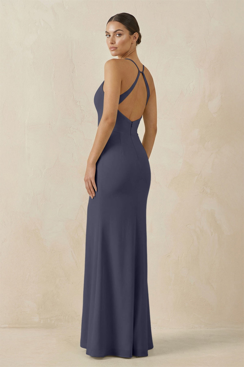 Spaghetti Strap Sheath Chiffon Bridesmaid Dress With Slit in Dusk Blue - KissProm Bridesmaid Dresses