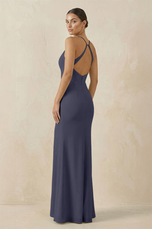 Spaghetti Strap Sheath Chiffon Bridesmaid Dress With Slit in Dusk Blue - KissProm Bridesmaid Dresses