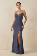 Spaghetti Strap Sheath Chiffon Bridesmaid Dress With Slit in Dusk Blue - KissProm Bridesmaid Dresses