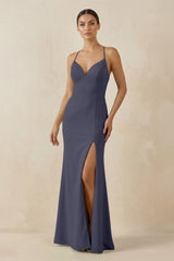 Spaghetti Strap Sheath Chiffon Bridesmaid Dress With Slit in Dusk Blue - KissProm Bridesmaid Dresses