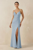 Spaghetti Strap Sheath Chiffon Bridesmaid Dress With Slit in Dusty Blue - KissProm Bridesmaid Dresses