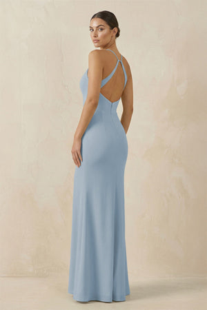 Spaghetti Strap Sheath Chiffon Bridesmaid Dress With Slit in Dusty Blue - KissProm Bridesmaid Dresses