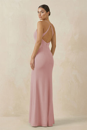 Spaghetti Strap Sheath Chiffon Bridesmaid Dress With Slit in Dusty Rose - KissProm Bridesmaid Dresses