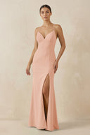Spaghetti Strap Sheath Chiffon Bridesmaid Dress With Slit in English Rose - KissProm Bridesmaid Dresses
