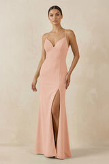 Spaghetti Strap Sheath Chiffon Bridesmaid Dress With Slit in English Rose - KissProm Bridesmaid Dresses