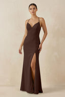 Spaghetti Strap Sheath Chiffon Bridesmaid Dress With Slit in Espresso - KissProm Bridesmaid Dresses