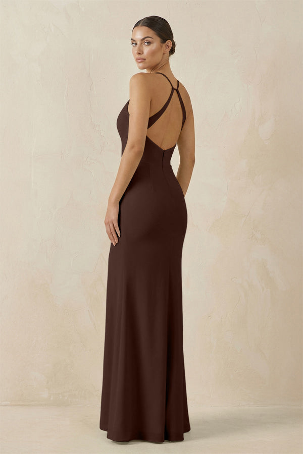 Spaghetti Strap Sheath Chiffon Bridesmaid Dress With Slit in Espresso - KissProm Bridesmaid Dresses