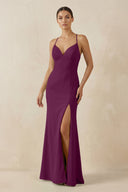 Spaghetti Strap Sheath Chiffon Bridesmaid Dress With Slit in Fig - KissProm Bridesmaid Dresses