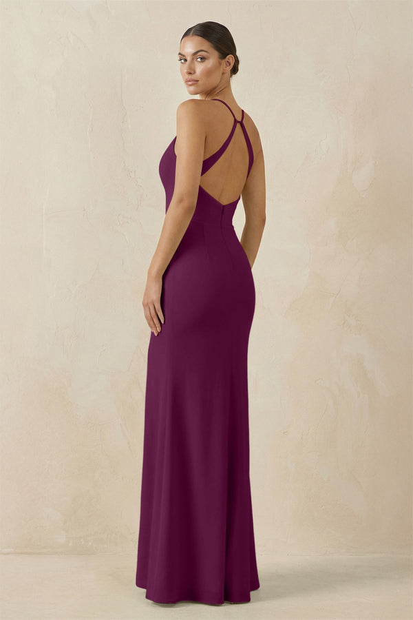 Spaghetti Strap Sheath Chiffon Bridesmaid Dress With Slit in Fig - KissProm Bridesmaid Dresses