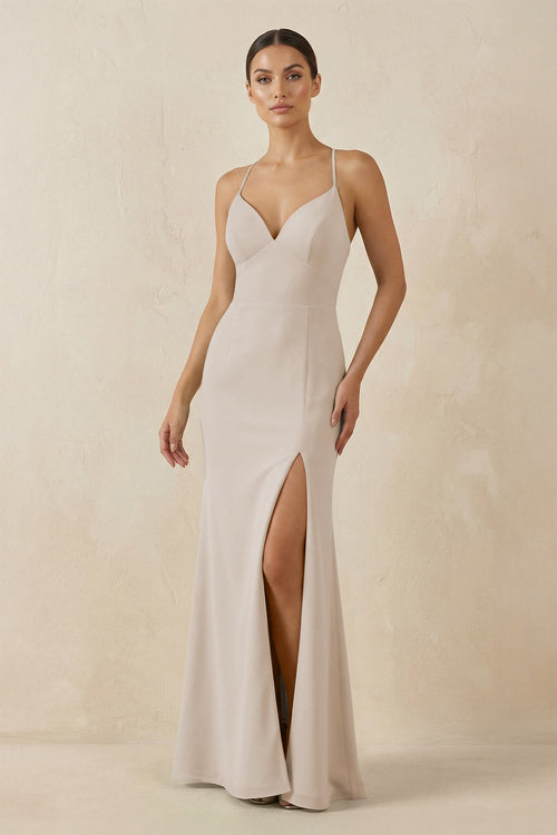 Spaghetti Strap Sheath Chiffon Bridesmaid Dress With Slit in Frost - KissProm Bridesmaid Dresses