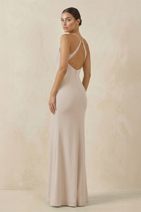 Spaghetti Strap Sheath Chiffon Bridesmaid Dress With Slit in Frost - KissProm Bridesmaid Dresses