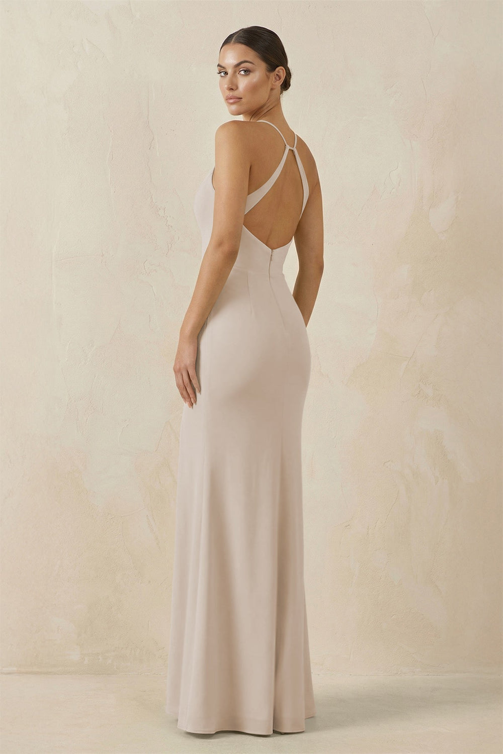 Spaghetti Strap Sheath Chiffon Bridesmaid Dress With Slit in Frost - KissProm Bridesmaid Dresses