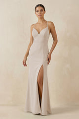 Spaghetti Strap Sheath Chiffon Bridesmaid Dress With Slit in Frost - KissProm Bridesmaid Dresses