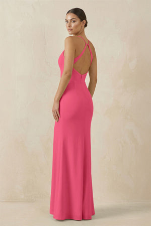 Spaghetti Strap Sheath Chiffon Bridesmaid Dress With Slit in Fuchsia - KissProm Bridesmaid Dresses