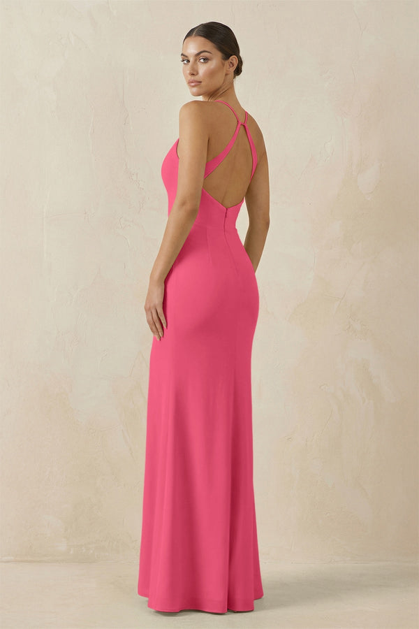 Spaghetti Strap Sheath Chiffon Bridesmaid Dress With Slit in Fuchsia - KissProm Bridesmaid Dresses