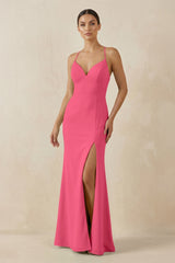 Spaghetti Strap Sheath Chiffon Bridesmaid Dress With Slit in Fuchsia - KissProm Bridesmaid Dresses