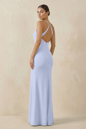 Spaghetti Strap Sheath Chiffon Bridesmaid Dress With Slit in Ice - KissProm Bridesmaid Dresses