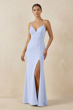 Spaghetti Strap Sheath Chiffon Bridesmaid Dress With Slit in Ice - KissProm Bridesmaid Dresses