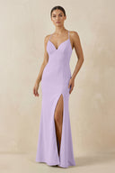 Spaghetti Strap Sheath Chiffon Bridesmaid Dress With Slit in Lavender - KissProm Bridesmaid Dresses