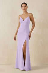 Spaghetti Strap Sheath Chiffon Bridesmaid Dress With Slit in Lavender - KissProm Bridesmaid Dresses