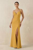 Spaghetti Strap Sheath Chiffon Bridesmaid Dress With Slit in Marigold - KissProm Bridesmaid Dresses