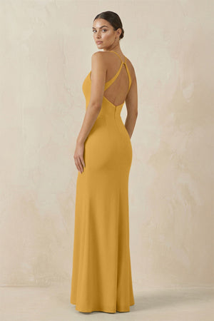 Spaghetti Strap Sheath Chiffon Bridesmaid Dress With Slit in Marigold - KissProm Bridesmaid Dresses
