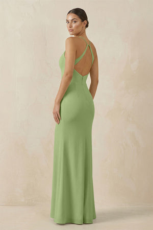 Spaghetti Strap Sheath Chiffon Bridesmaid Dress With Slit in Matcha - KissProm Bridesmaid Dresses