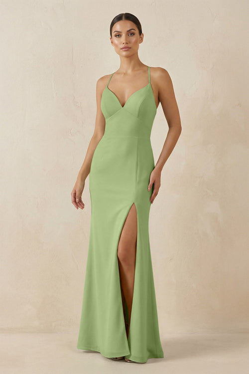 Spaghetti Strap Sheath Chiffon Bridesmaid Dress With Slit in Matcha - KissProm Bridesmaid Dresses