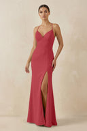Spaghetti Strap Sheath Chiffon Bridesmaid Dress With Slit in Merlot - KissProm Bridesmaid Dresses