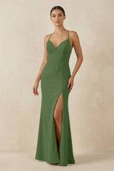 Spaghetti Strap Sheath Chiffon Bridesmaid Dress With Slit in Moss - KissProm Bridesmaid Dresses
