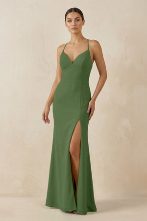 Spaghetti Strap Sheath Chiffon Bridesmaid Dress With Slit in Moss - KissProm Bridesmaid Dresses