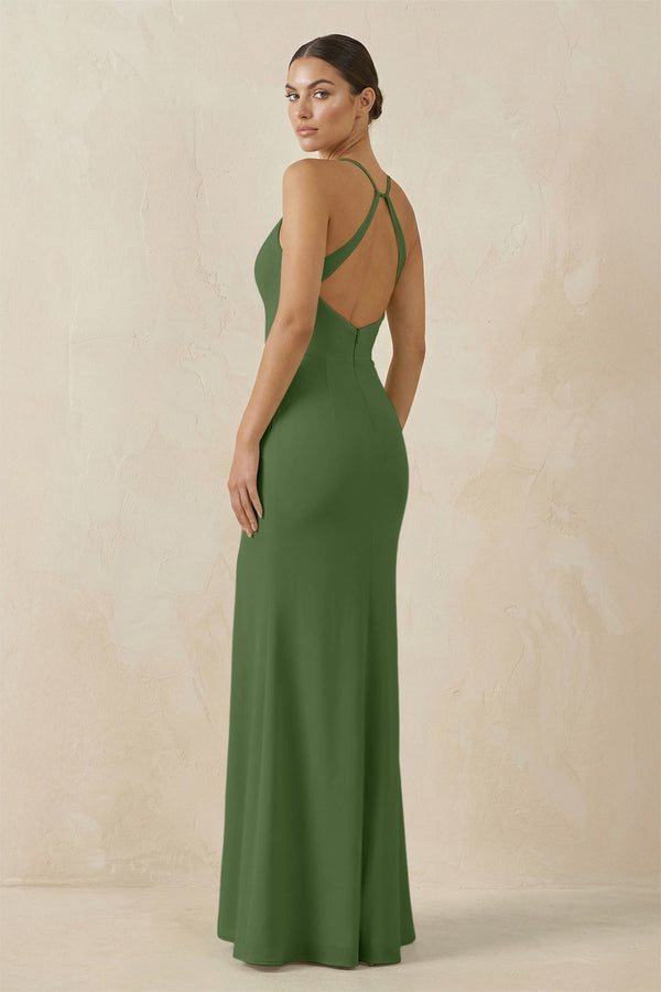 Spaghetti Strap Sheath Chiffon Bridesmaid Dress With Slit in Moss - KissProm Bridesmaid Dresses