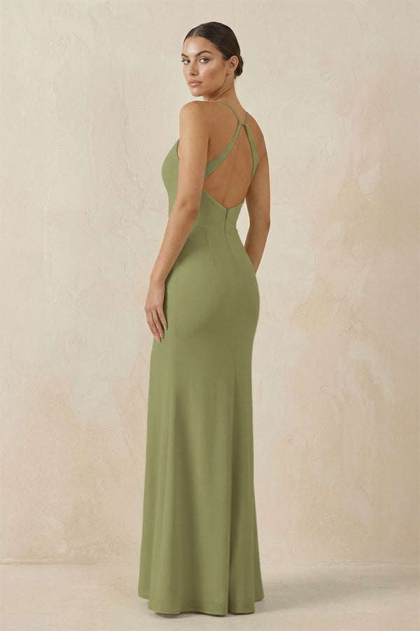 Spaghetti Strap Sheath Chiffon Bridesmaid Dress With Slit in Moss Green - KissProm Bridesmaid Dresses