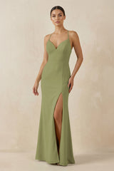 Spaghetti Strap Sheath Chiffon Bridesmaid Dress With Slit in Moss Green - KissProm Bridesmaid Dresses