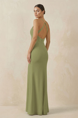 Spaghetti Strap Sheath Chiffon Bridesmaid Dress With Slit in Moss Green - KissProm Bridesmaid Dresses